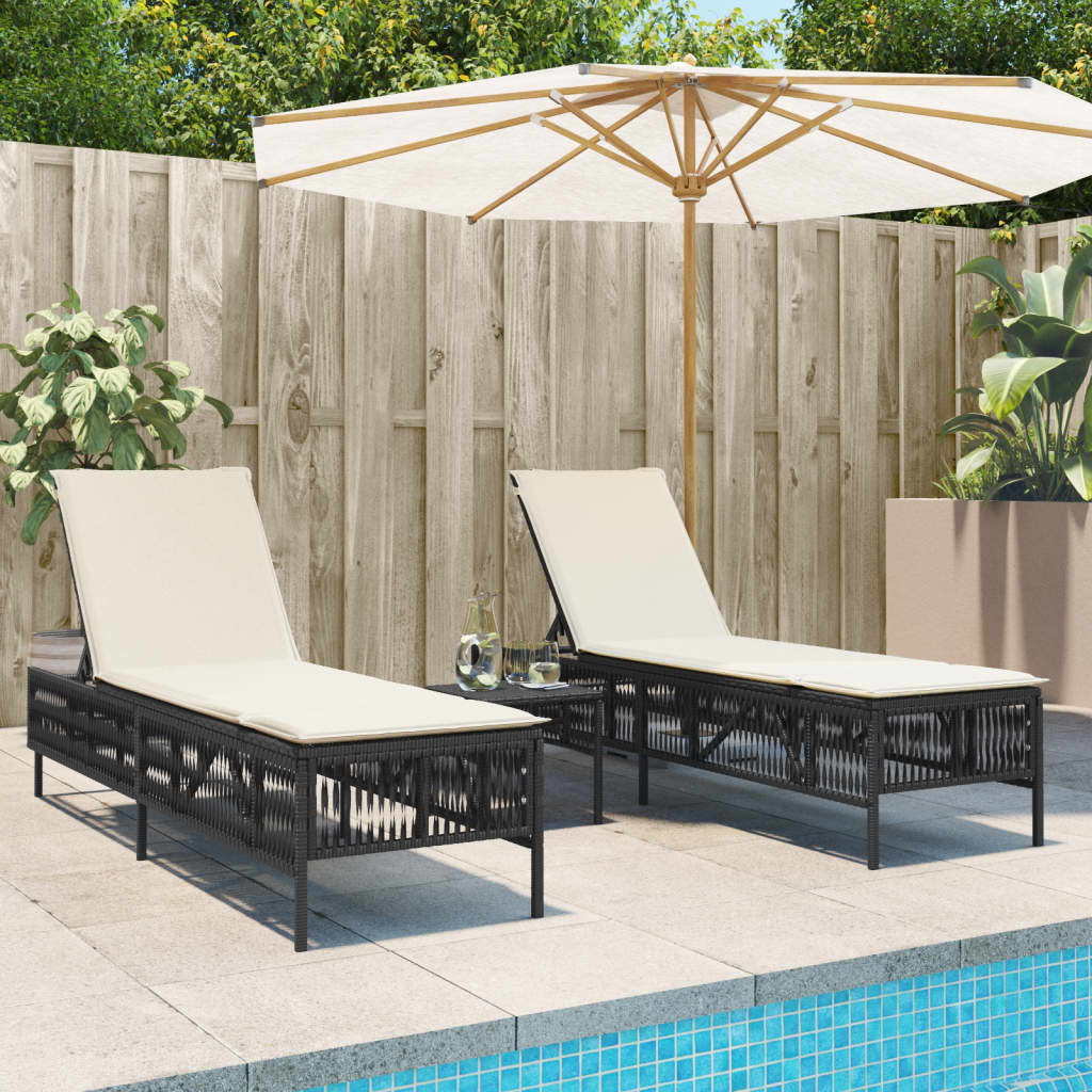 Sun loungers with table, 2 pcs., black, poly rattan