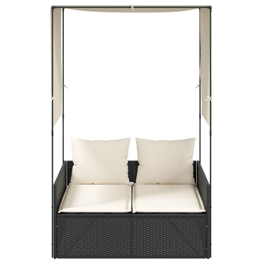 Double sun lounger with canopy and curtains, black
