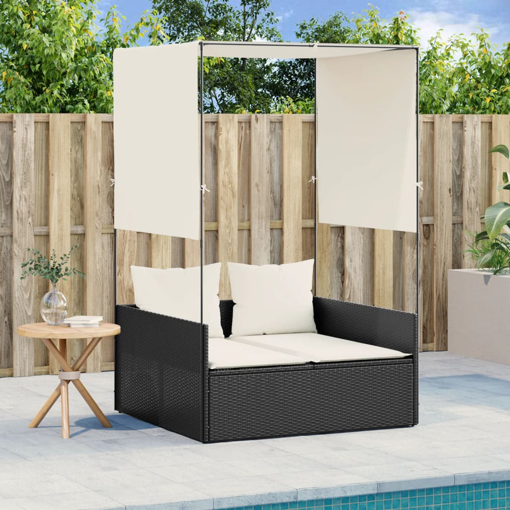 Double sun lounger with canopy and curtains, black
