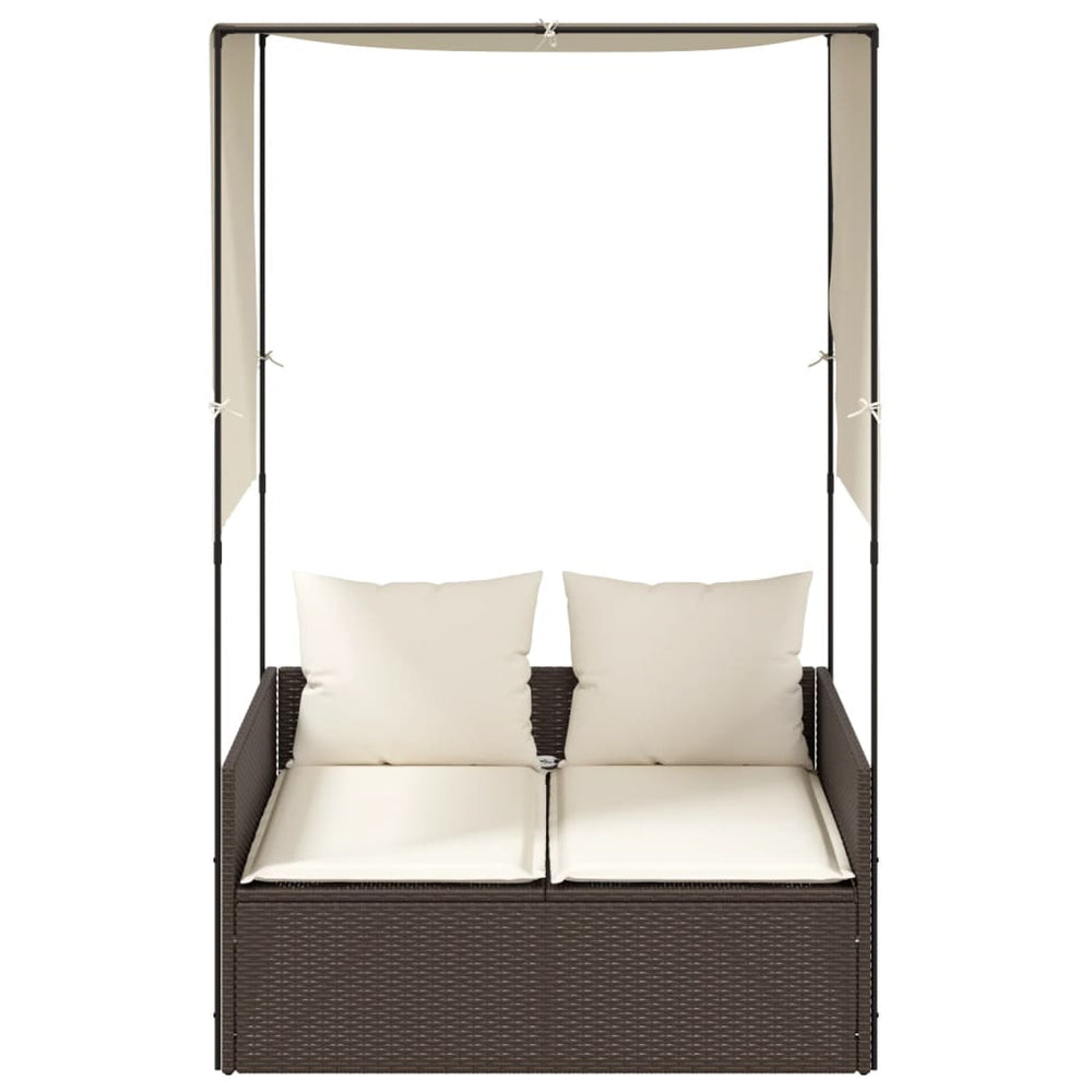 Double sun lounger with canopy and curtains, brown
