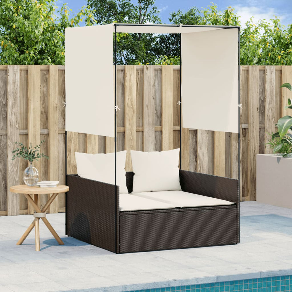 Double sun lounger with canopy and curtains, brown
