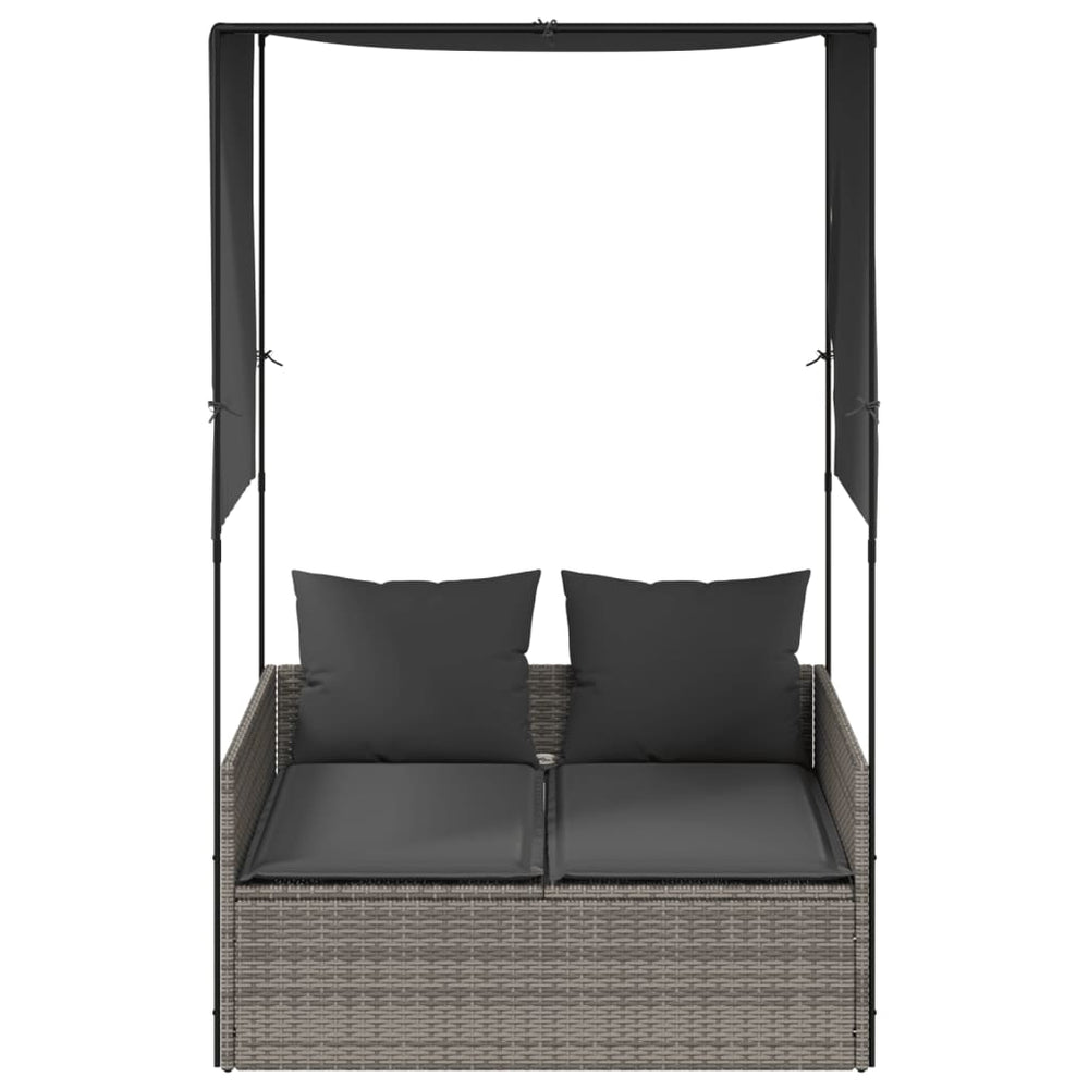 Two-seater sun lounger with canopy and curtains, grey