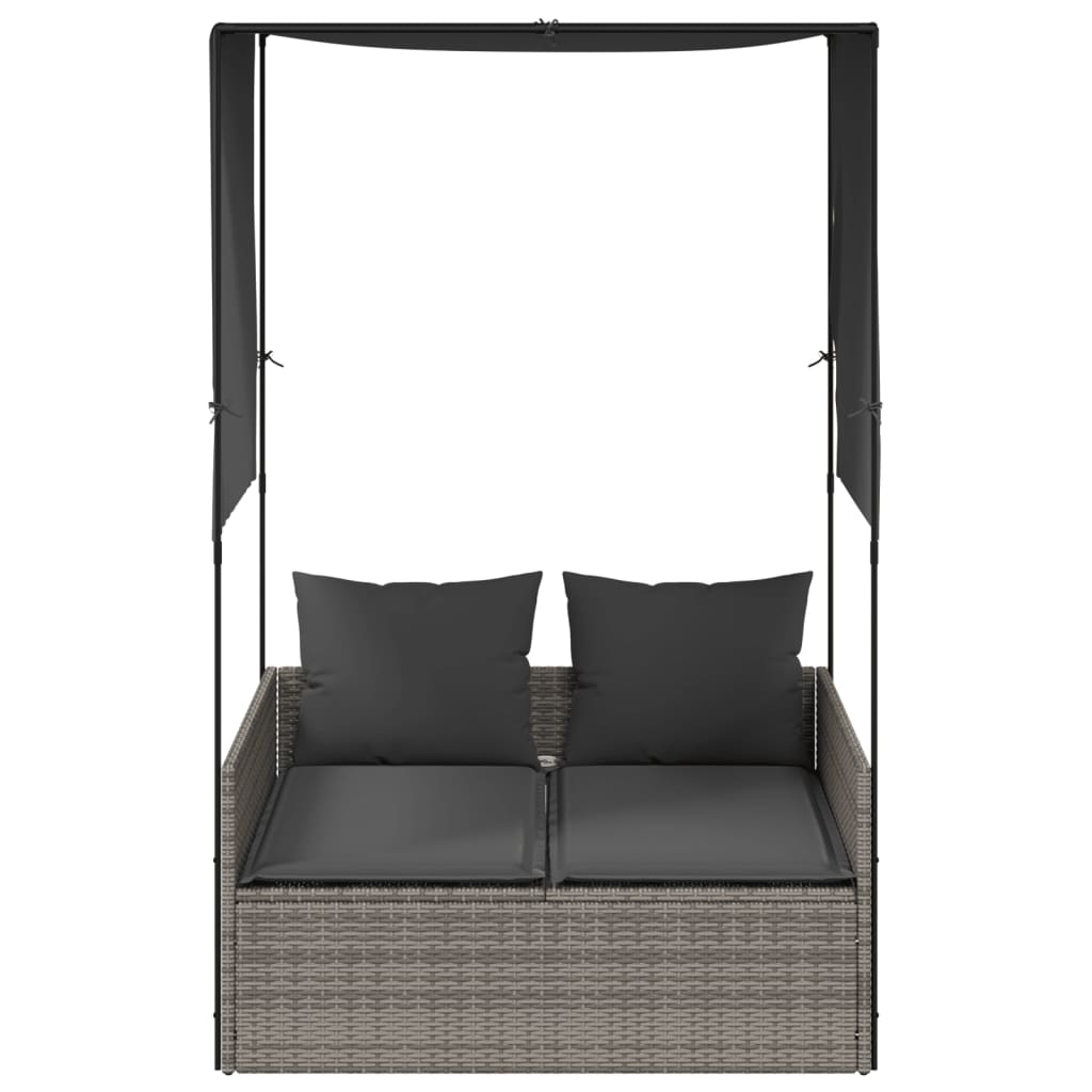 Two-seater sun lounger with canopy and curtains, grey