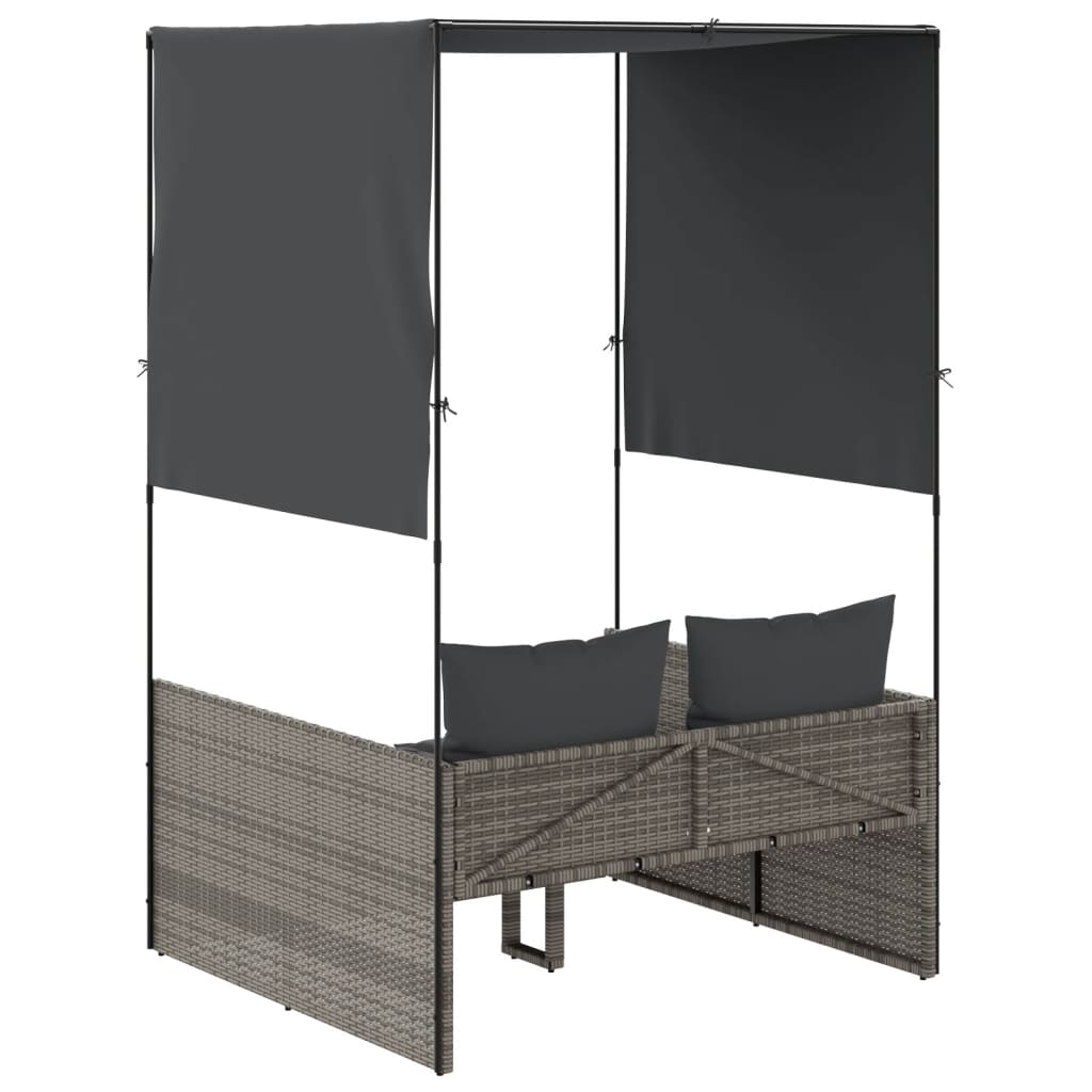 Two-seater sun lounger with canopy and curtains, grey