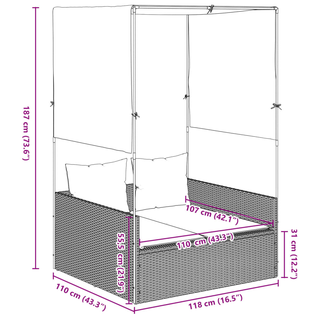 Two-seater sun lounger with canopy and curtains, grey