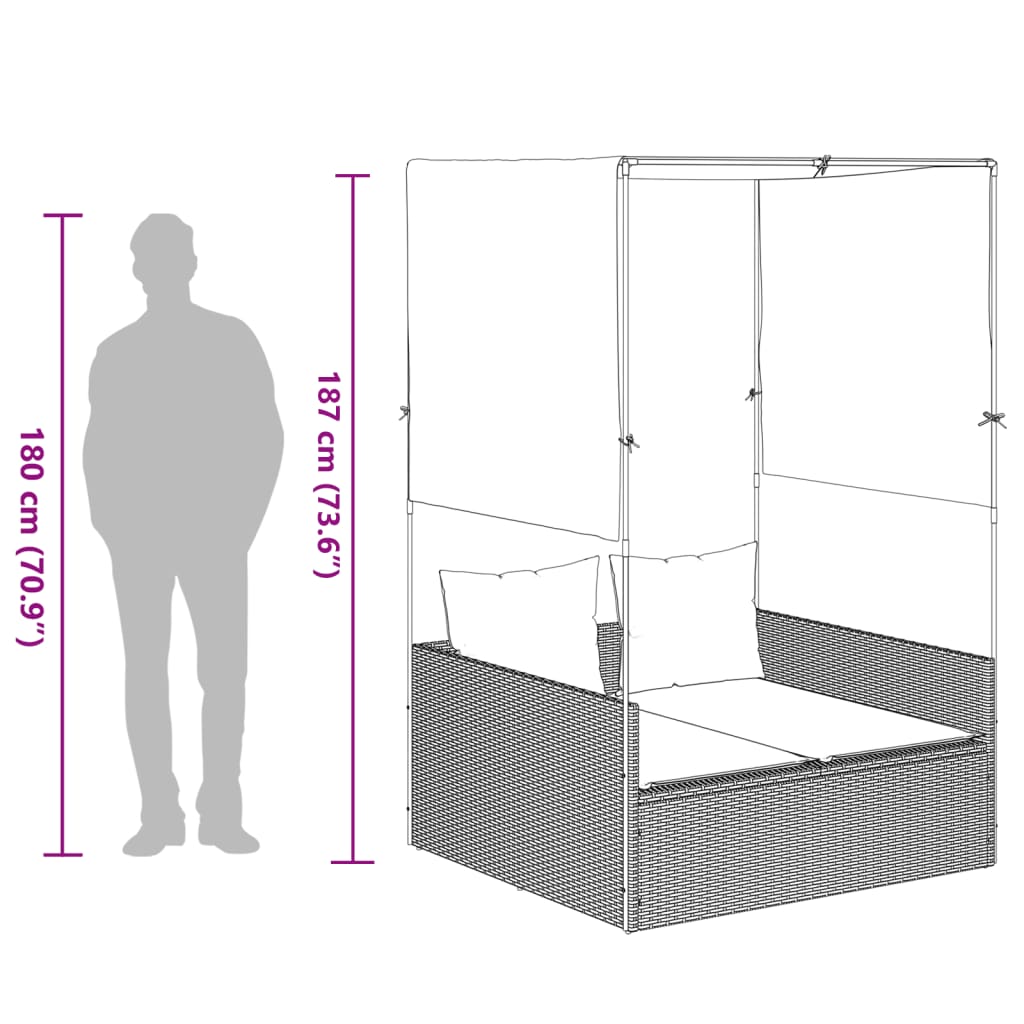 Two-seater sun lounger with canopy and curtains, grey