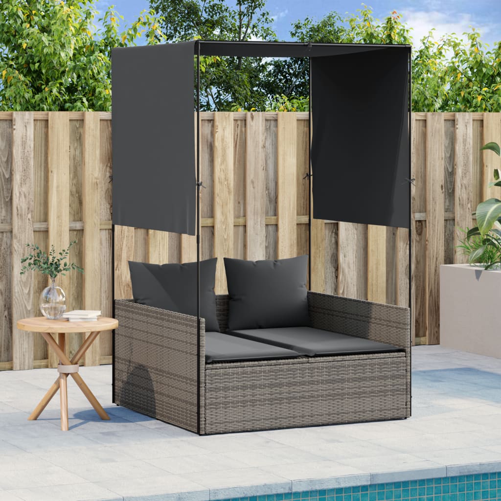 Two-seater sun lounger with canopy and curtains, grey