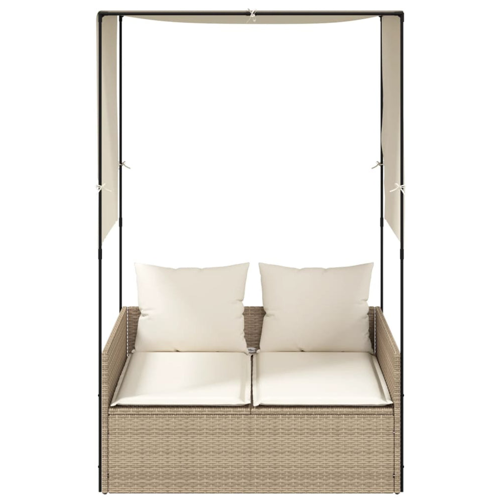 Two-person sun lounger with canopy and curtains, sand