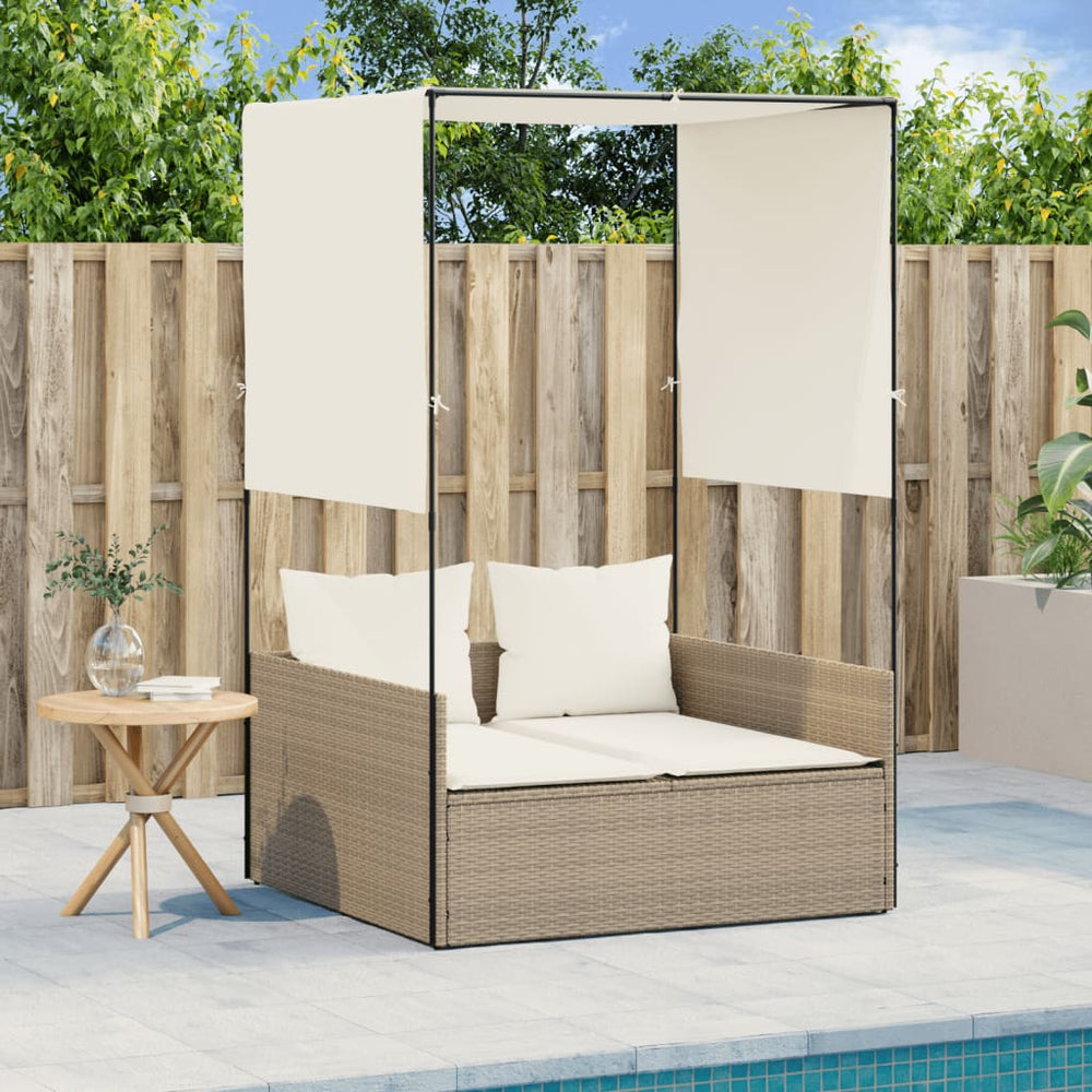 Two-person sun lounger with canopy and curtains, sand