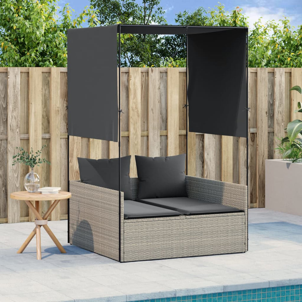 Two-seater sun lounger with canopy and curtains, grey