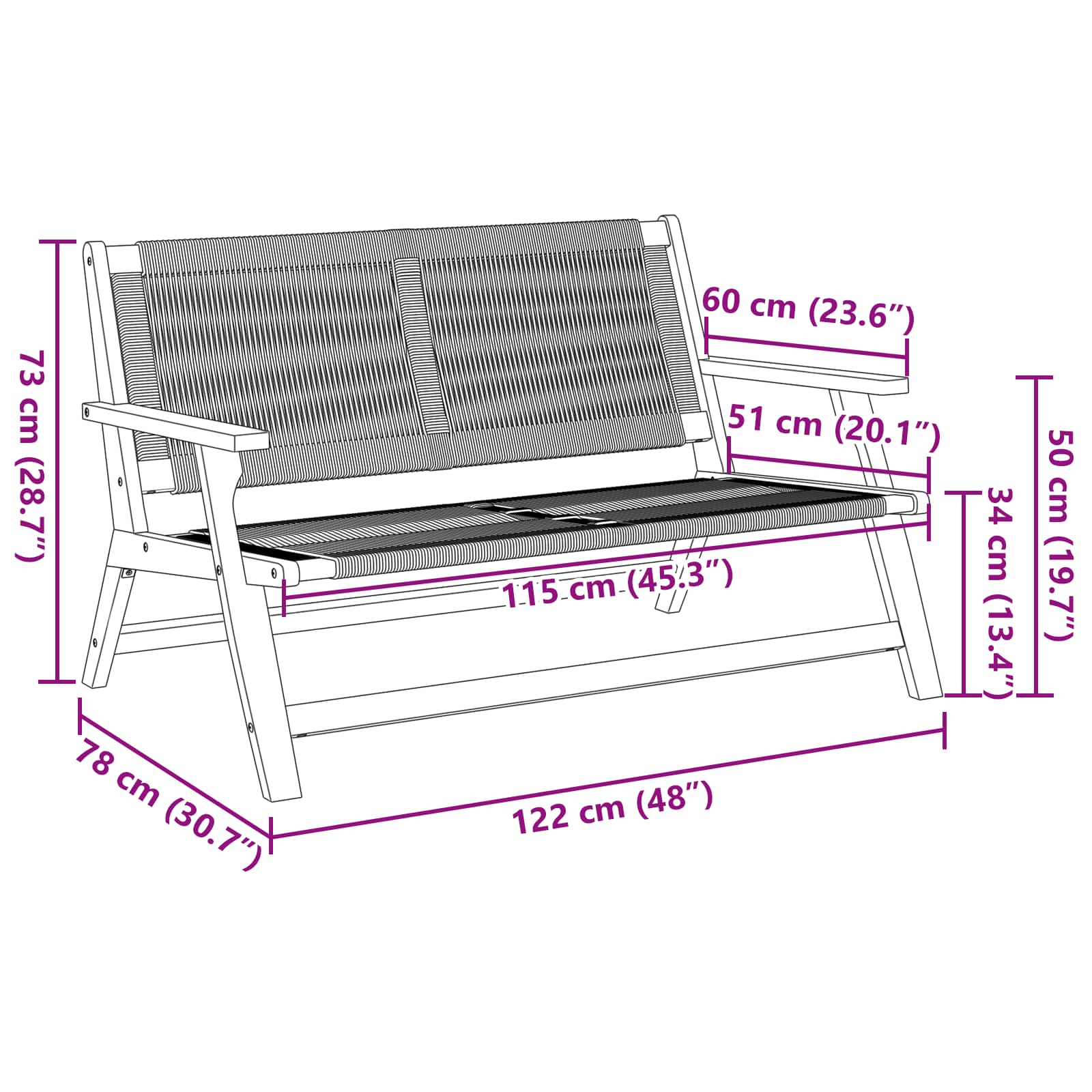 Juodas sodo suolas 76x122x73 cm iš kietos akacijos medienos