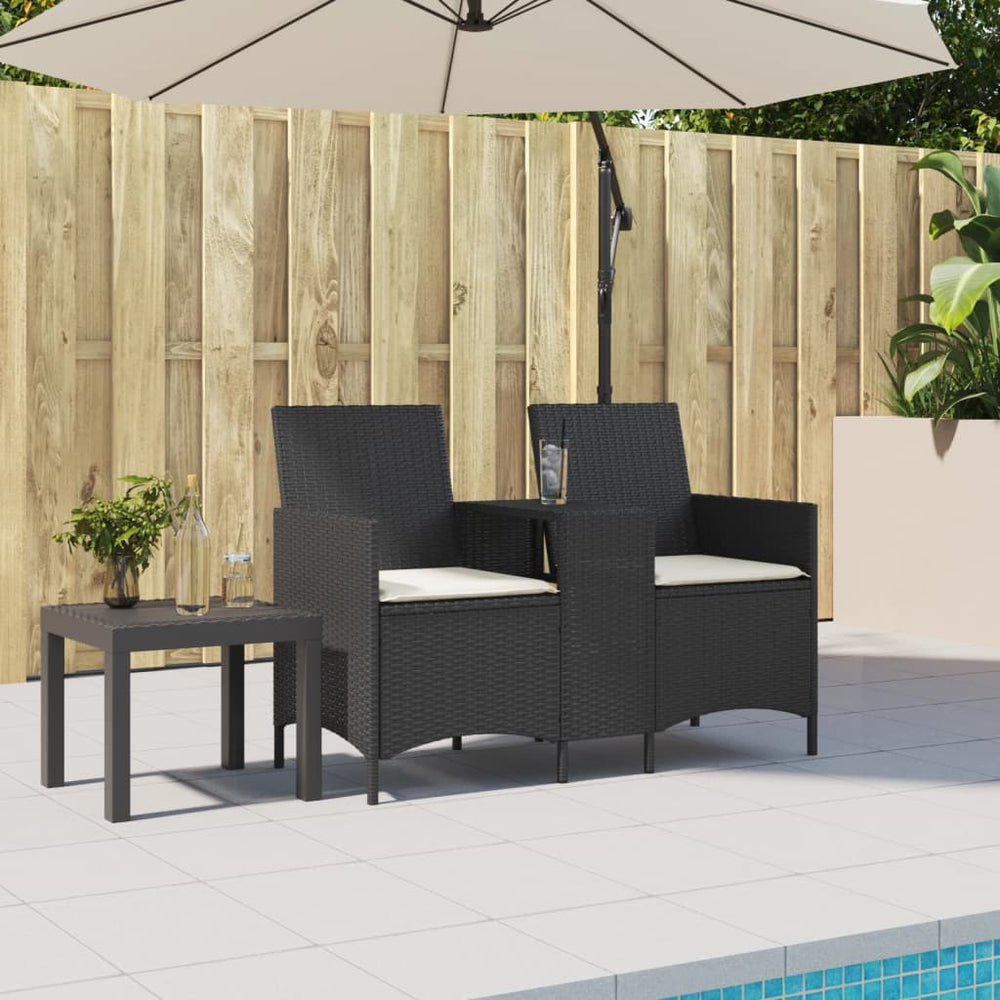 Two-seater garden sofa with table and cushions, black
