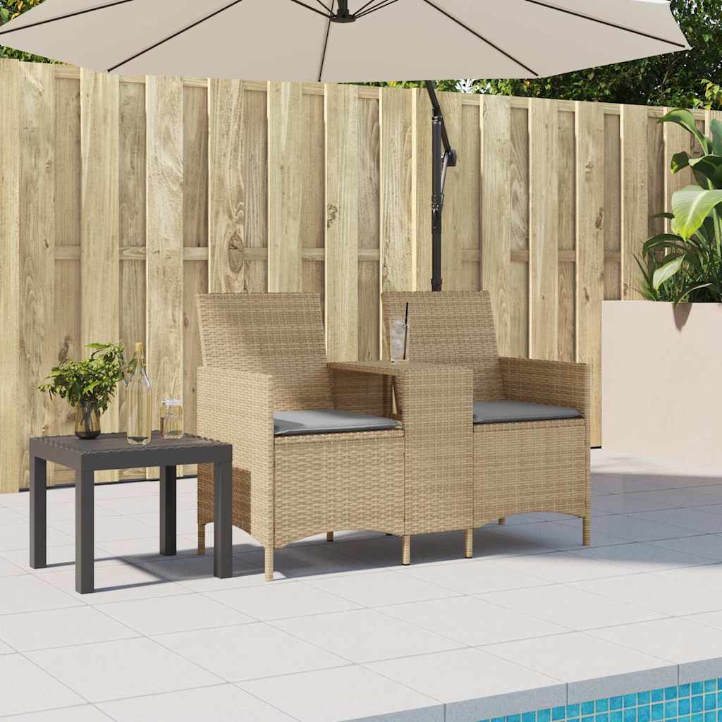 Two-seater garden sofa with table and cushions, sand-colored