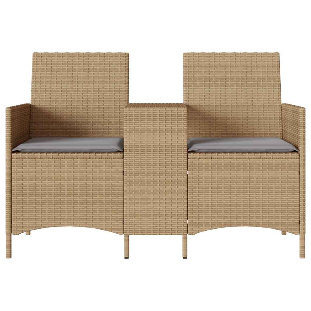 Two-seater garden sofa with table and cushions, sand-colored