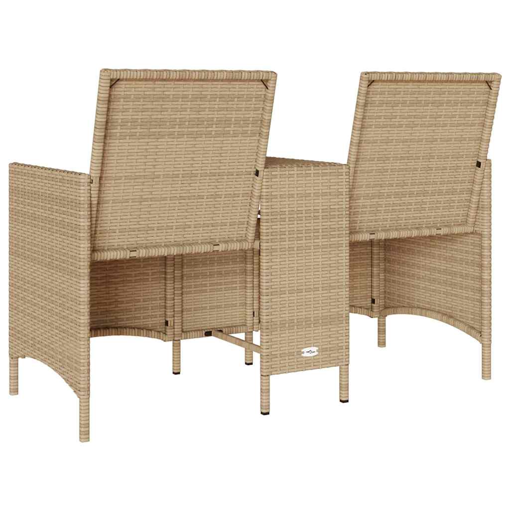 Two-seater garden sofa with table and cushions, sand-colored