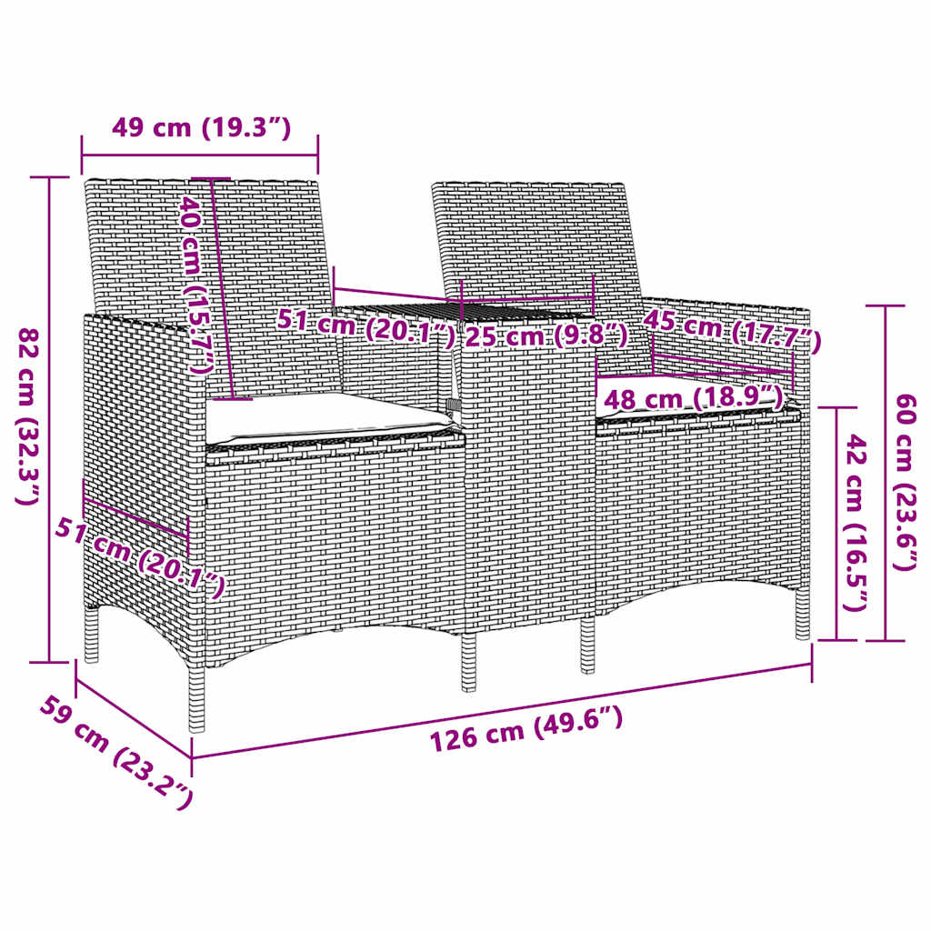 Two-seater garden sofa with table and cushions, sand-colored