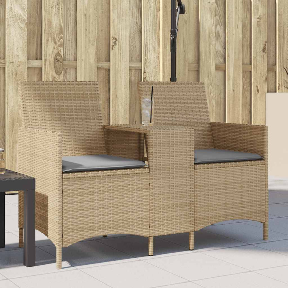 Two-seater garden sofa with table and cushions, sand-colored