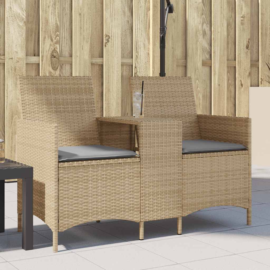 Two-seater garden sofa with table and cushions, sand-colored