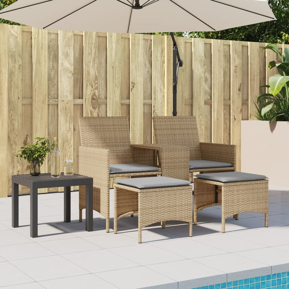 Two-seater garden sofa with table/stools, sand, poly rattan