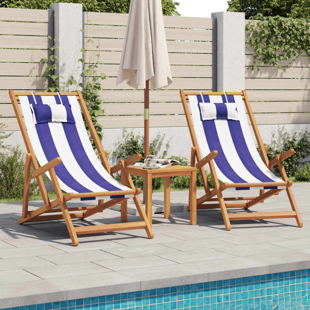 Folding beach chair, blue/white, eucalyptus/fabric