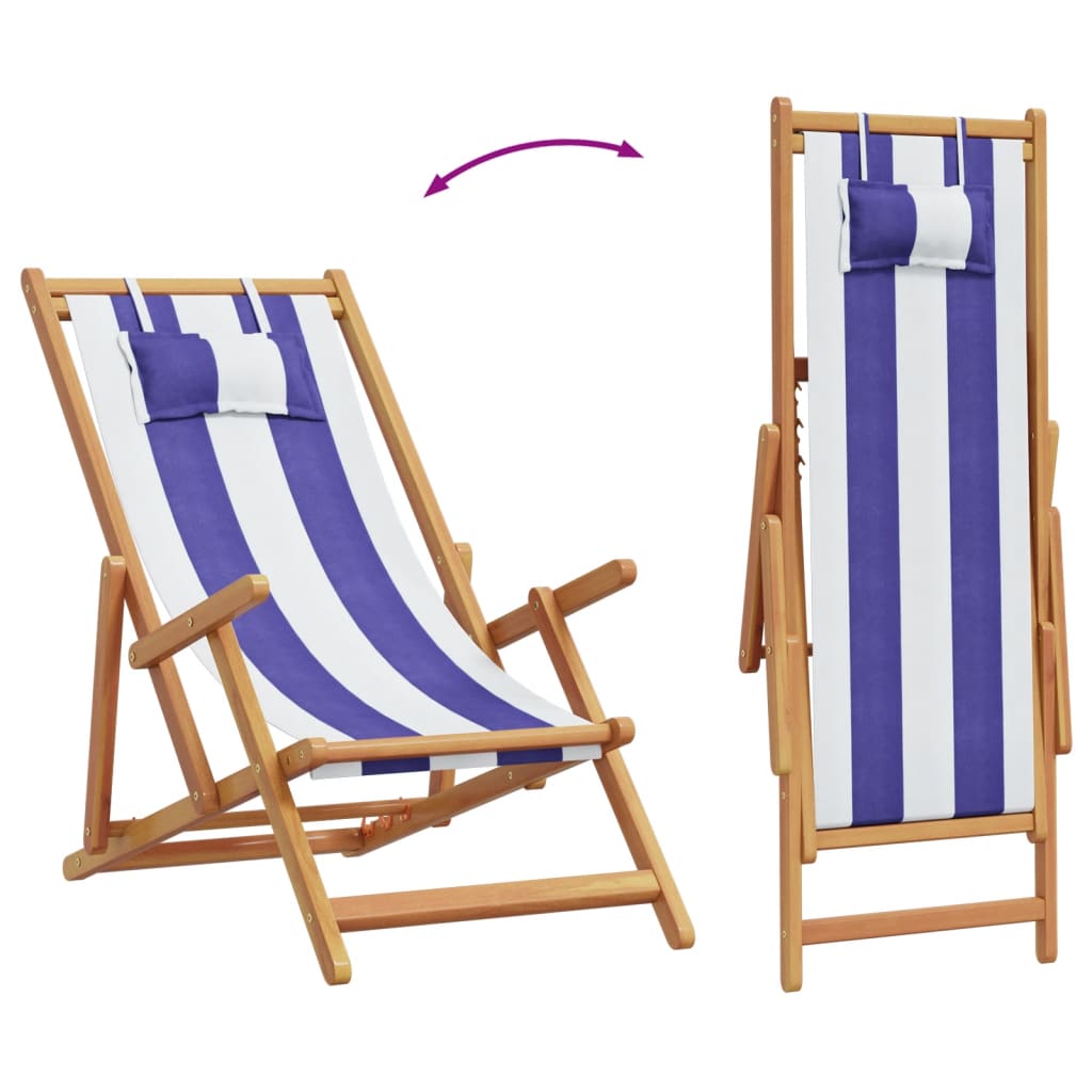 Folding beach chair, blue/white, eucalyptus/fabric