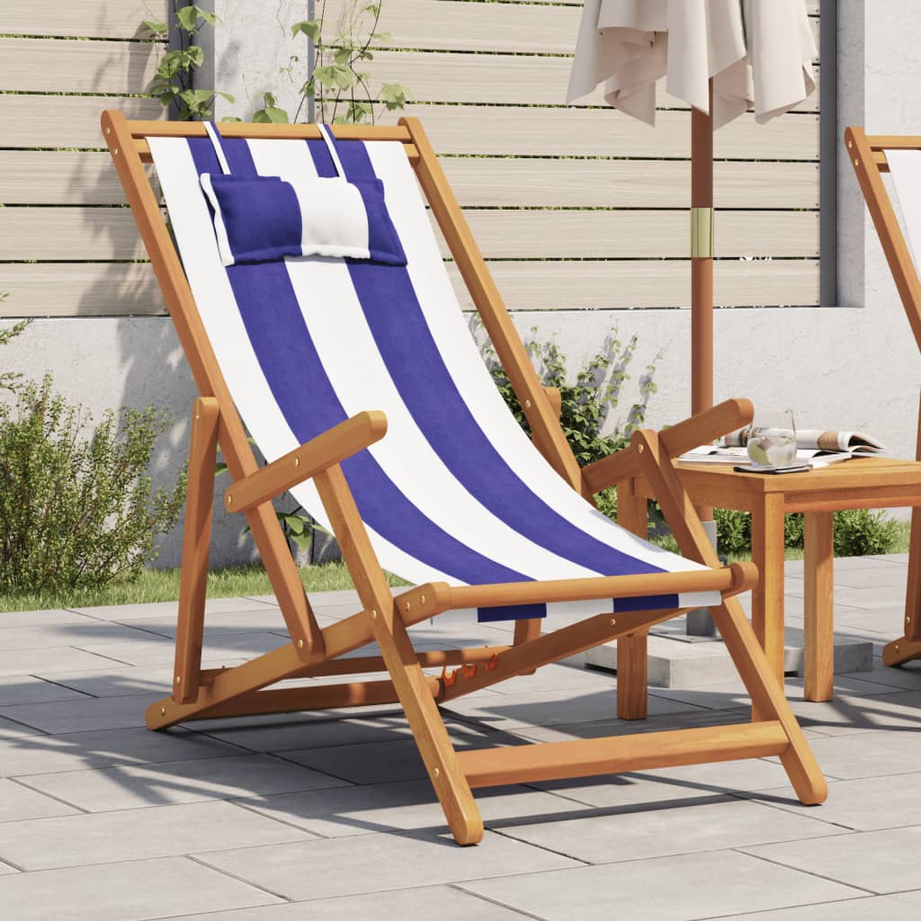 Folding beach chair, blue/white, eucalyptus/fabric