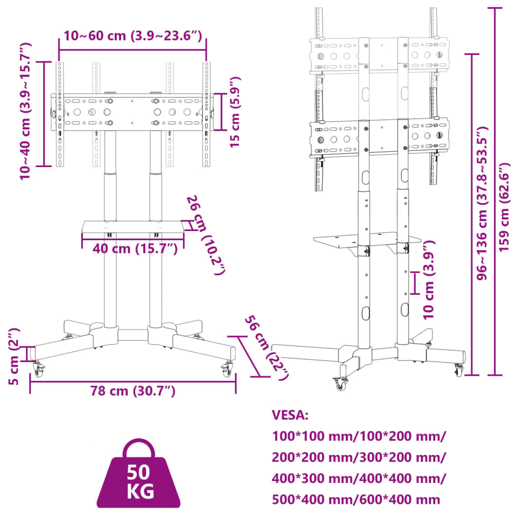 TV trolley stand for 32-70 inch screens, 600x400 mm, 50kg
