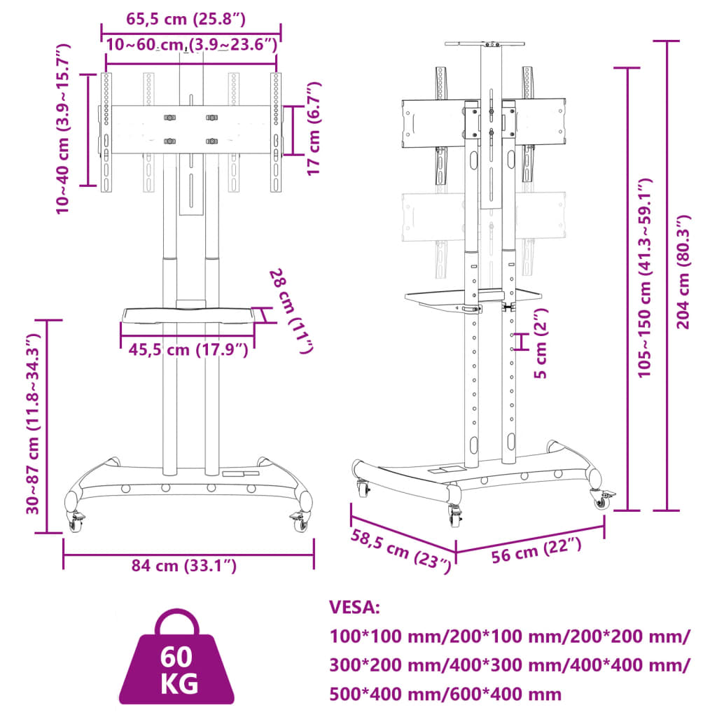 TV stovas ant ratukų 32-70 colių ekranui, 600x400mm, 60kg