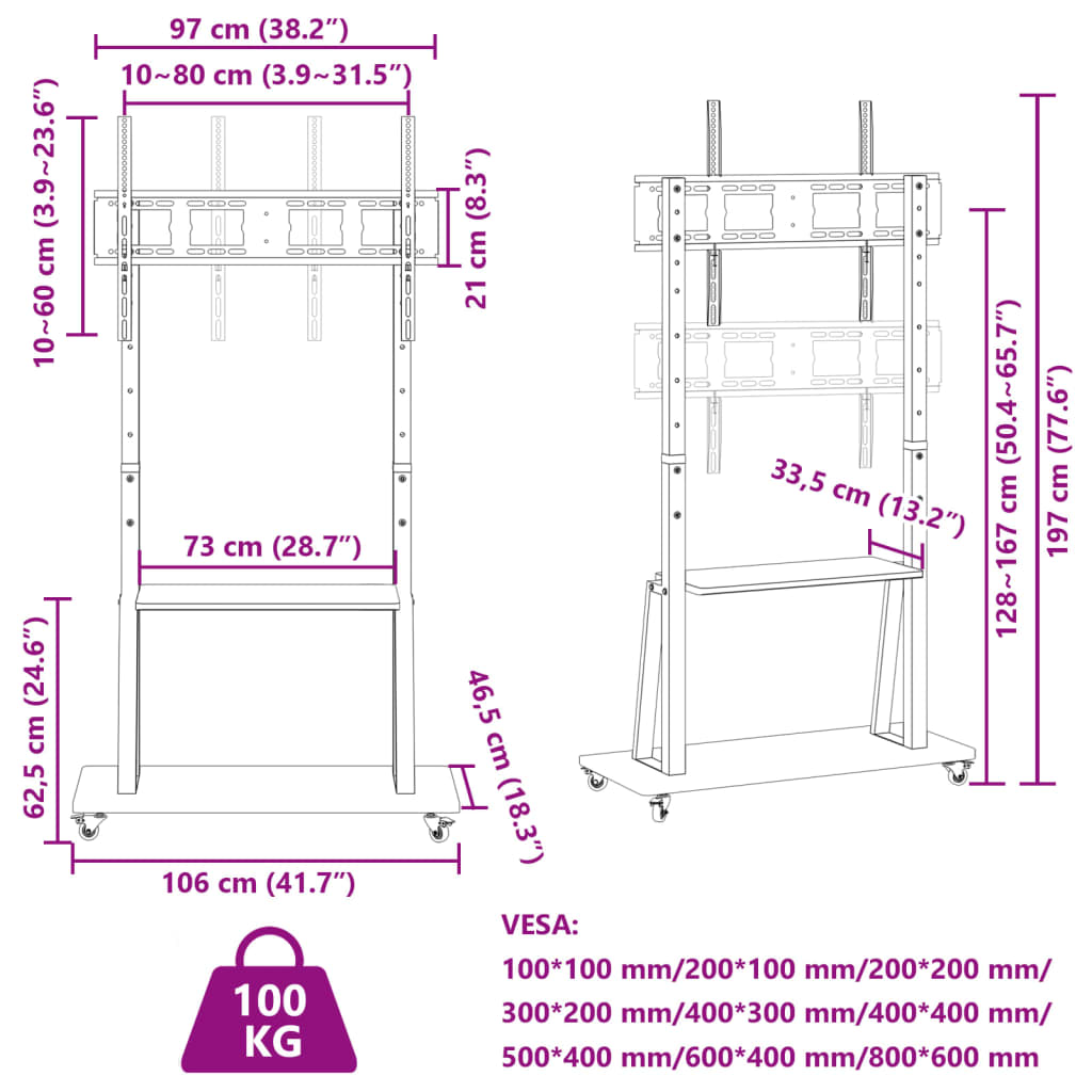 TV statīvs uz ritentiņiem 32-90 collu ekrānam, 800x600mm, 100kg