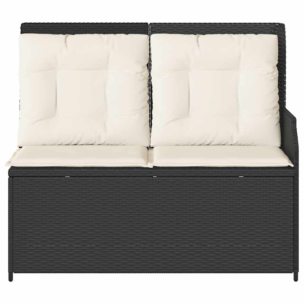 Reclining garden bench with cushions, black, poly rattan
