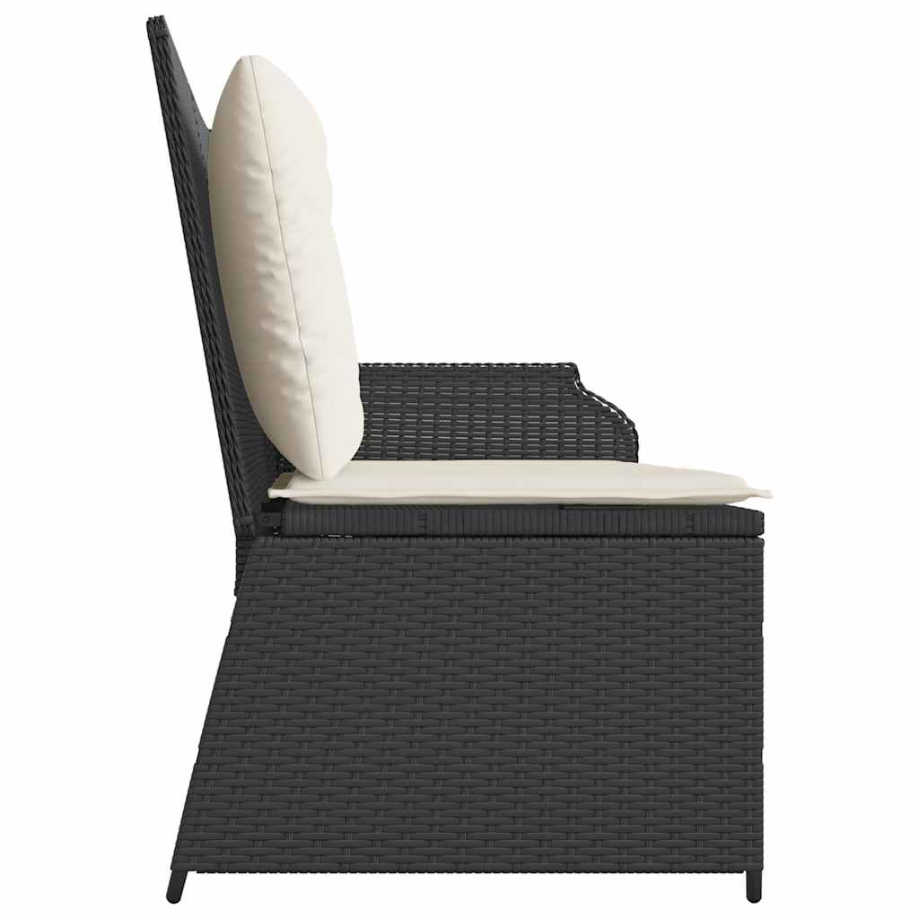 Reclining garden bench with cushions, black, poly rattan