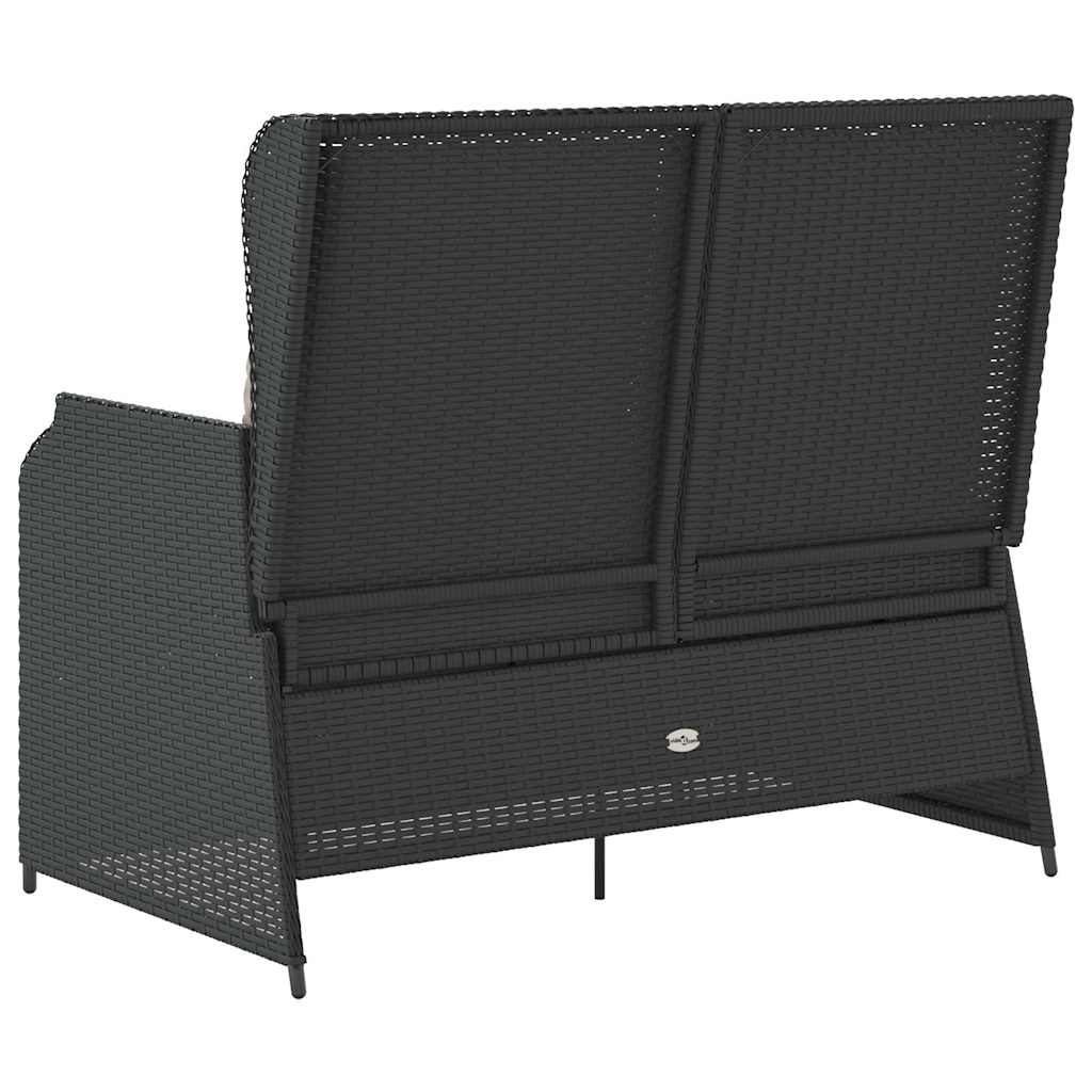 Reclining garden bench with cushions, black, poly rattan
