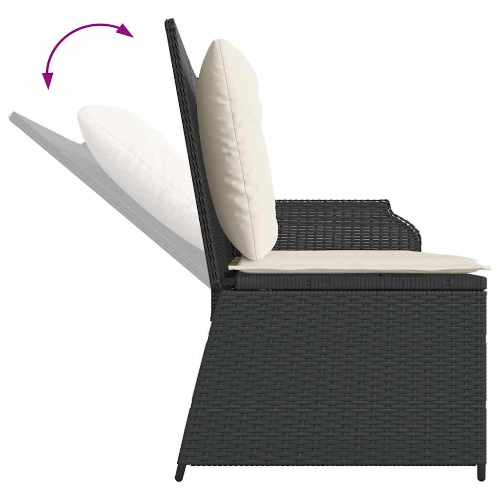Reclining garden bench with cushions, black, poly rattan