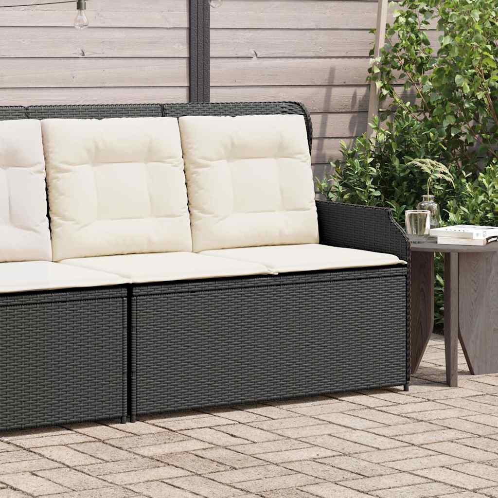 Reclining garden bench with cushions, black, poly rattan