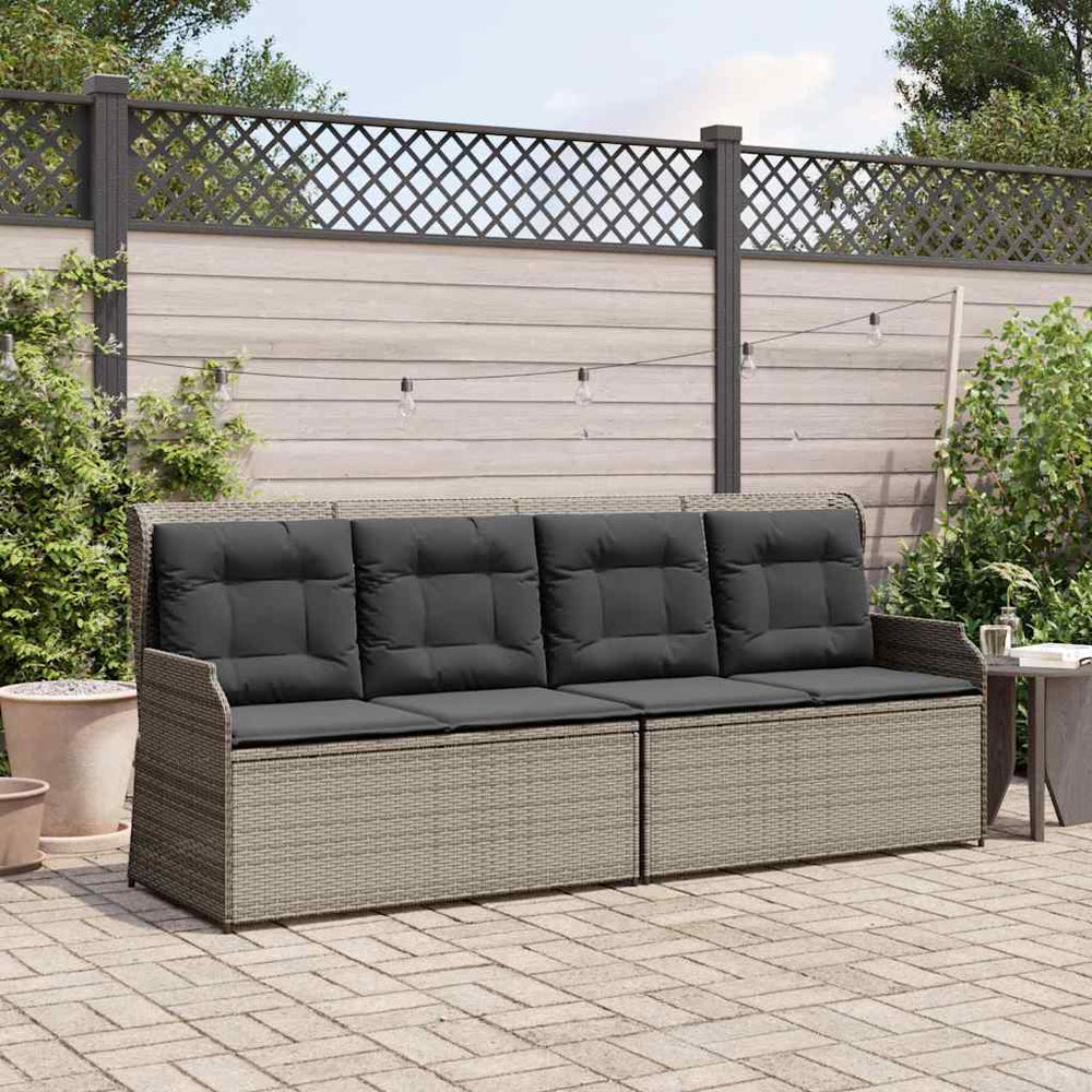 Reclining garden bench with cushions, grey, poly rattan