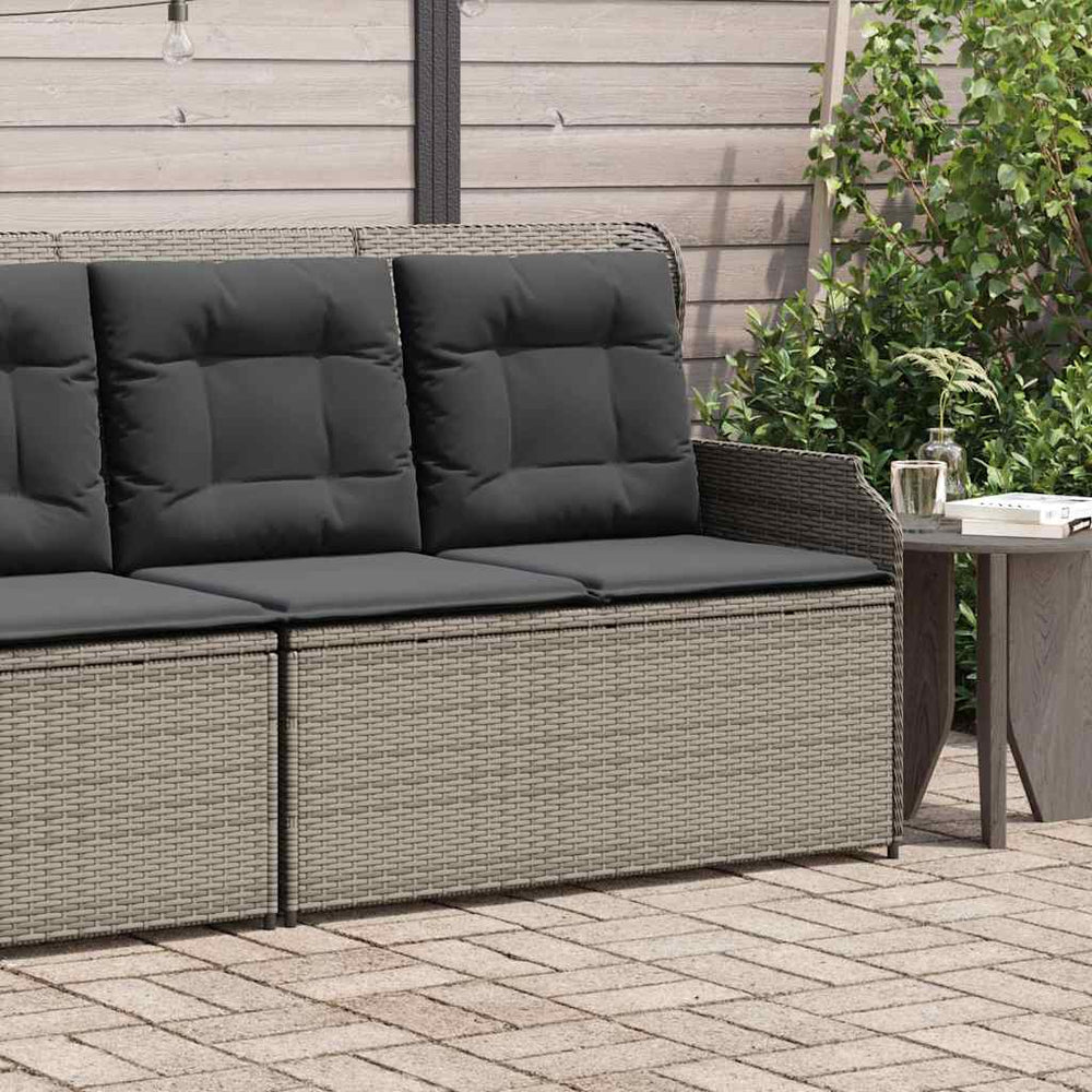Reclining garden bench with cushions, grey, poly rattan