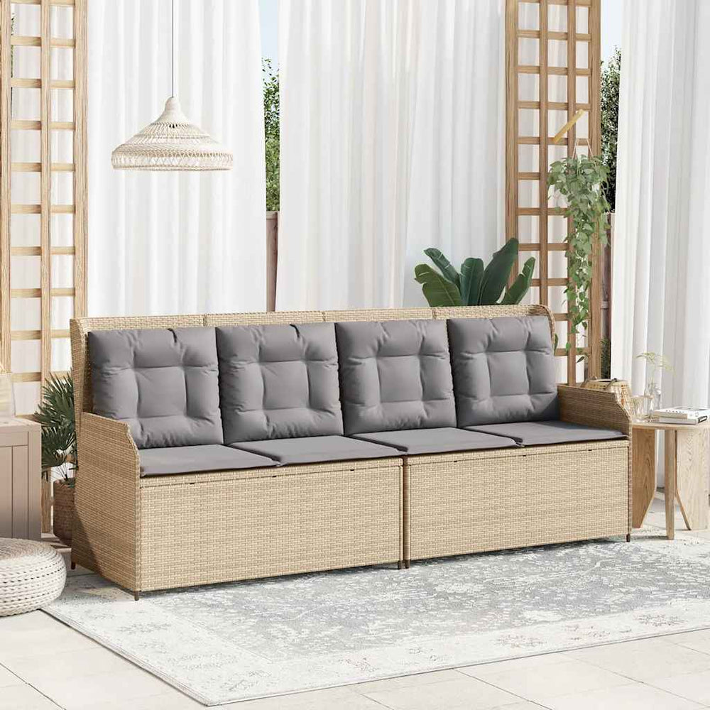Reclining garden bench with cushions, sand, poly rattan