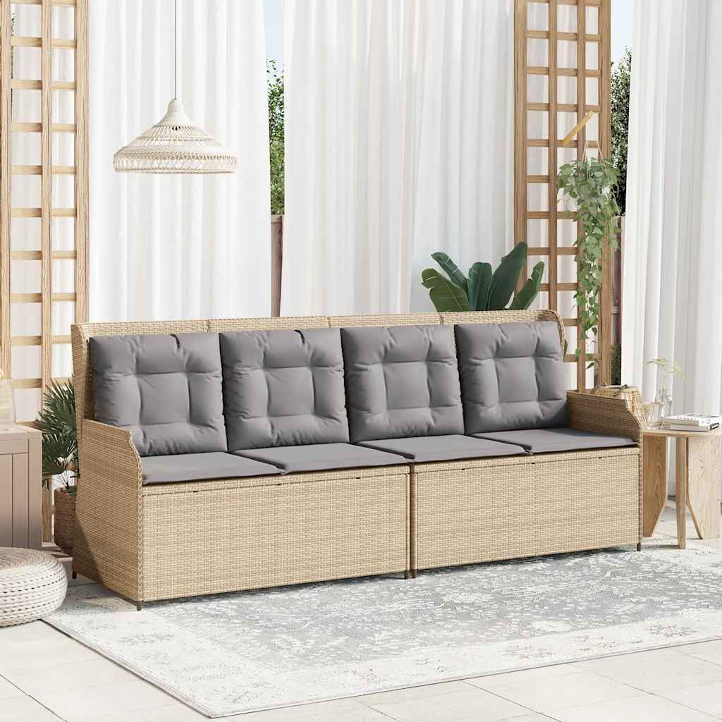 Reclining garden bench with cushions, sand, poly rattan