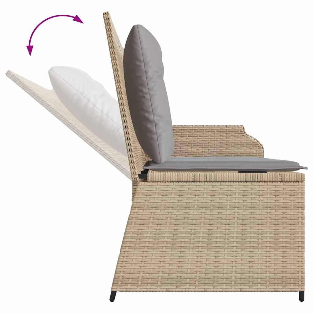 Reclining garden bench with cushions, sand, poly rattan