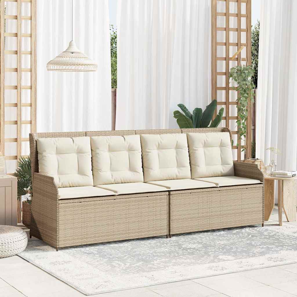 Reclining garden bench with cushions, sand, poly rattan