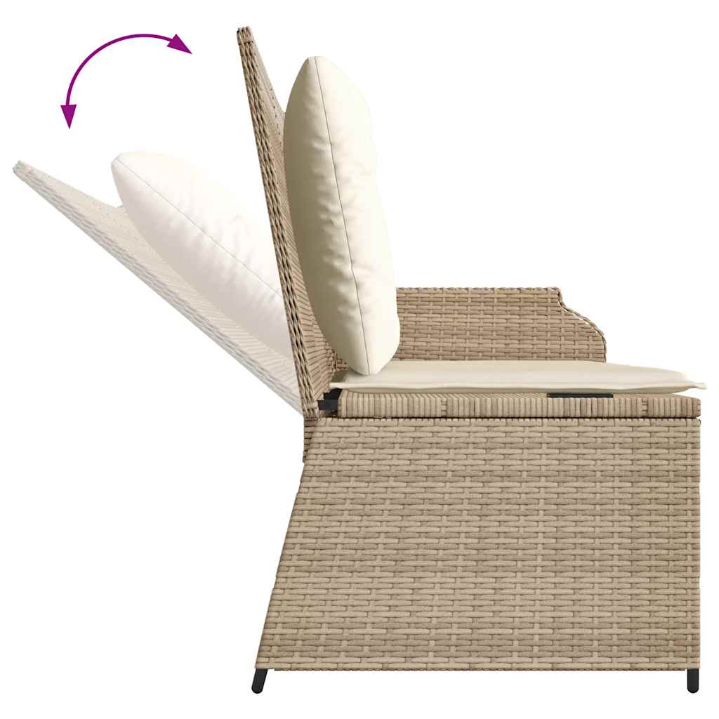 Reclining garden bench with cushions, sand, poly rattan