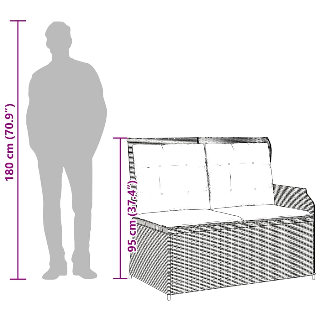 Reclining garden bench with cushions, sand, poly rattan