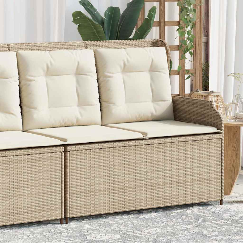 Reclining garden bench with cushions, sand, poly rattan