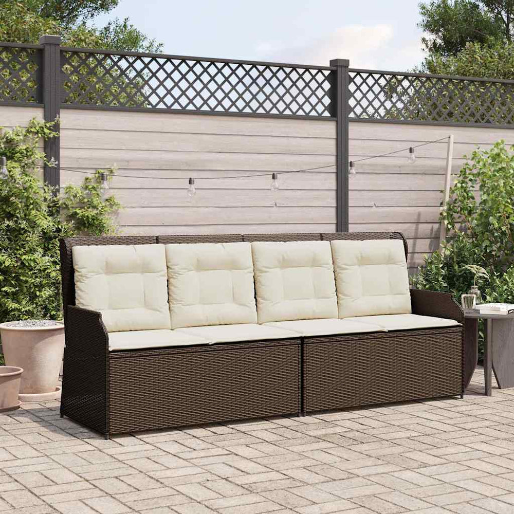 Reclining garden bench with cushions, brown, poly rattan
