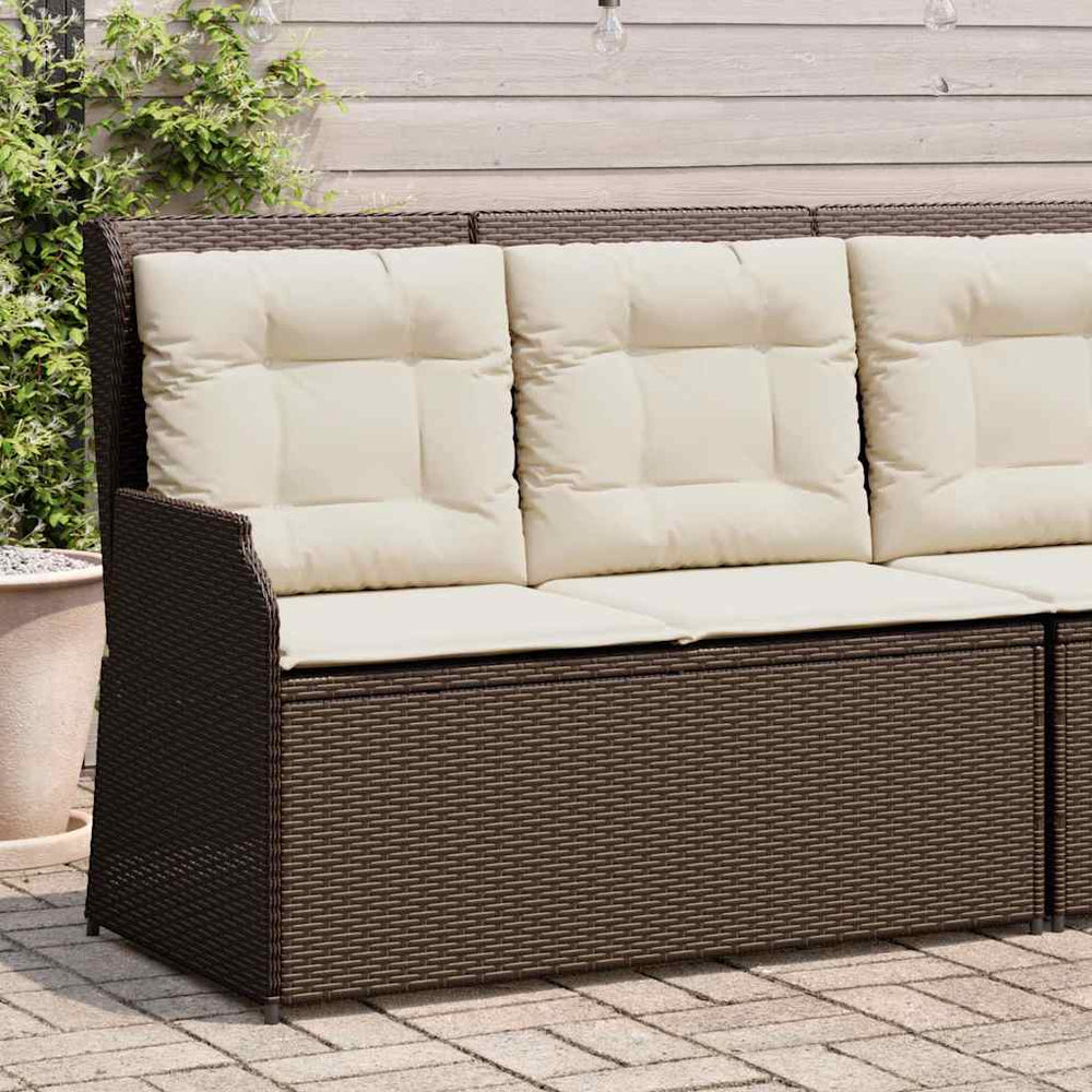 Reclining garden bench with cushions, brown, poly rattan