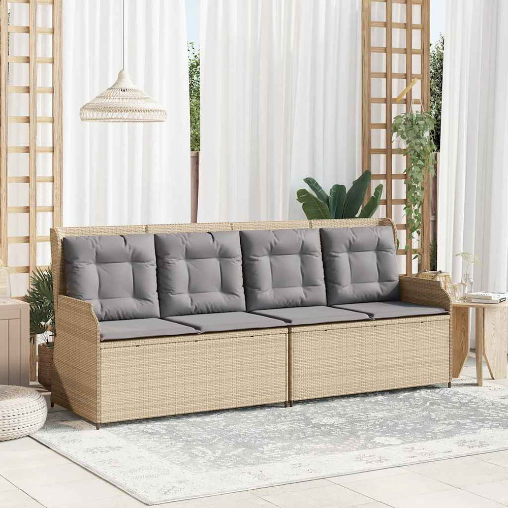 Reclining garden bench with cushions, sand, poly rattan