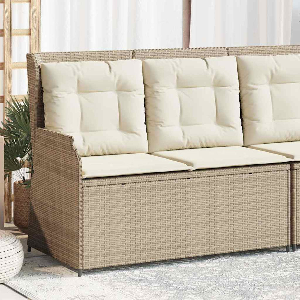 Reclining garden bench with cushions, sand, poly rattan