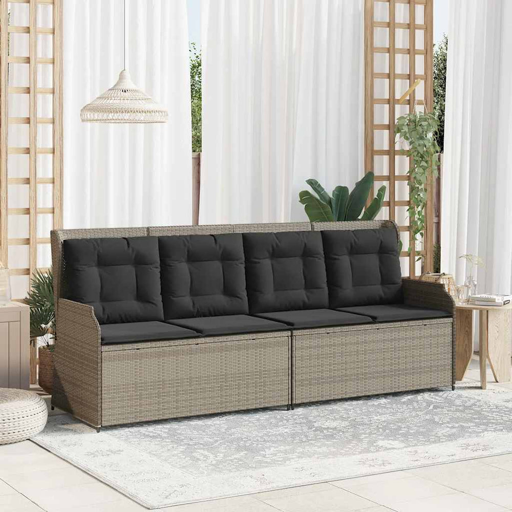 Reclining garden bench with cushions, grey, poly rattan
