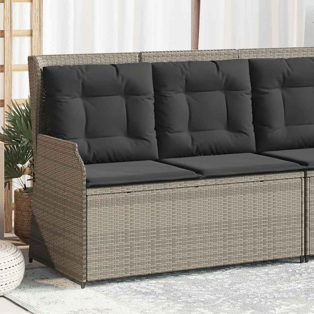 Reclining garden bench with cushions, grey, poly rattan