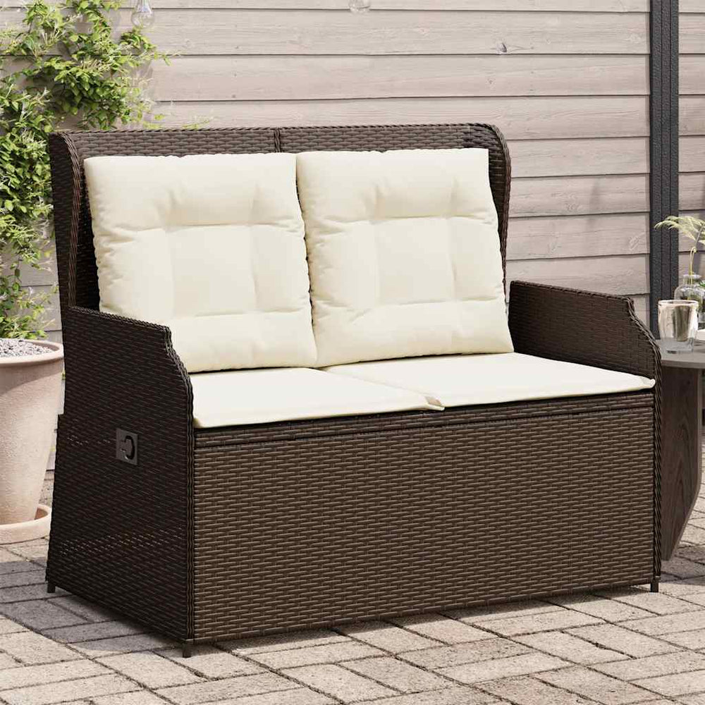 Reclining garden bench with cushions, brown, poly rattan